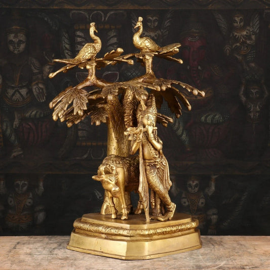Brassaura™ Brass Krishna Tree With Cow – Height 13 Inches & Weight 5.7 Kgs | Majestic Flute-Playing Krishna Statue for Spiritual Décor