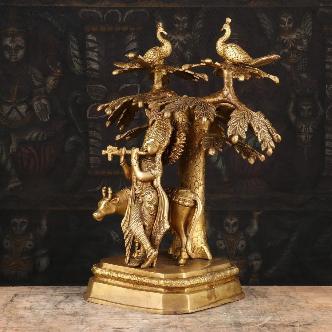 Brass Tree Cow & Krishna Weight 5.7 Kg And Height 13 Inch