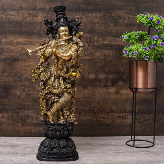 Brassaura® Lord Krishna Playing Flute Idol with Golden & Black Patina Finish | Pure Superfine Brass Handcrafted Murti | Brass Statue for Home Temple, Pooja Room, Spiritual Décor & Luxury Gifting | Height 29 Inches | Weight 16 Kg