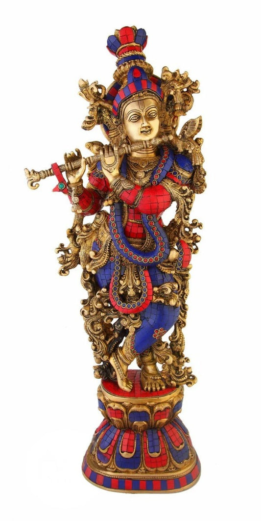 Brass Gem Stone Work Standing Krishna Weight 16 Kg And Height 29 Inch