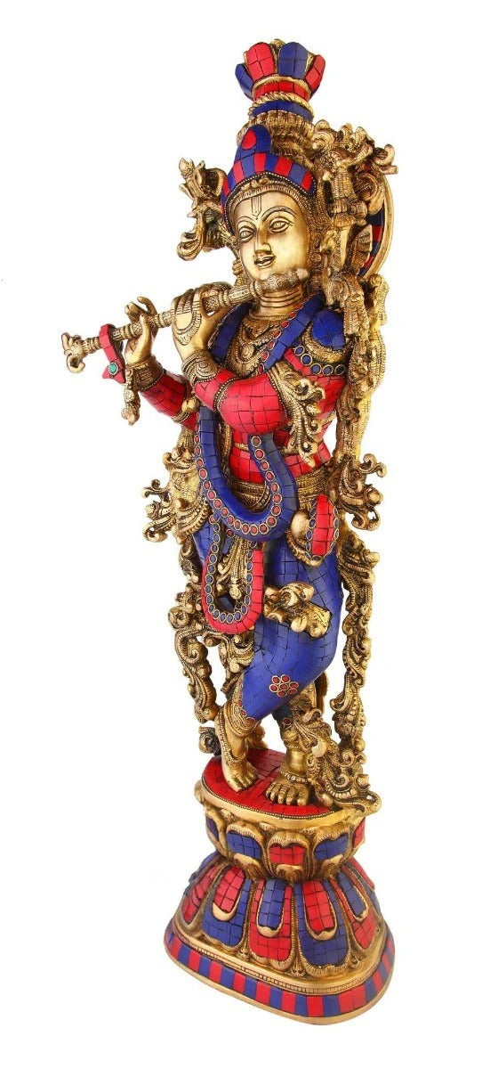 Brass Gem Stone Work Standing Krishna Weight 16 Kg And Height 29 Inch