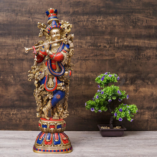 Brassaura® Lord Krishna Playing Flute Idol with Multi-Color Stone Work Finish | Pure Superfine Brass Handcrafted Murti | Brass Statue for Home Temple, Pooja Room, Spiritual Décor & Luxury Gifting | Height 29 Inches | Weight 16 Kg