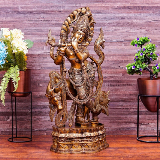 Brass Cow & Krishna Playing Flute Weight 38 Kg And Height 35 Inch