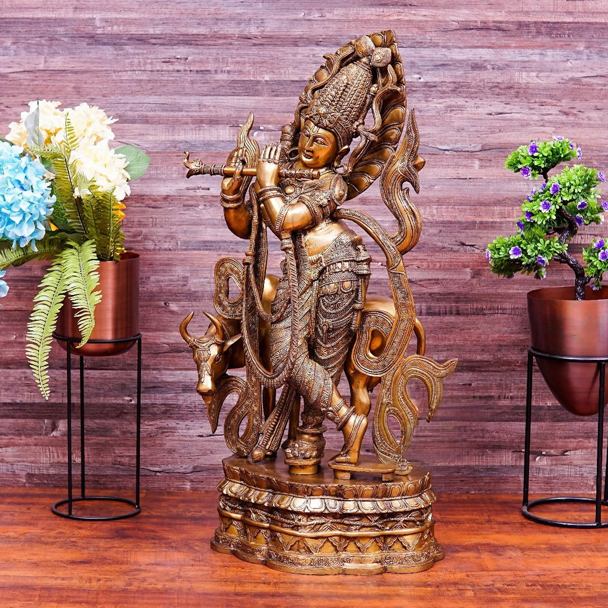 Brass Cow & Krishna Playing Flute Weight 38 Kg And Height 35 Inch