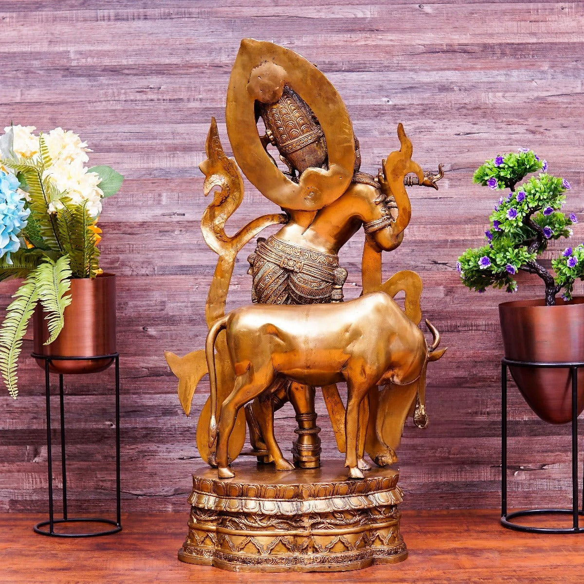 Brass Cow & Krishna Playing Flute Weight 38 Kg And Height 35 Inch