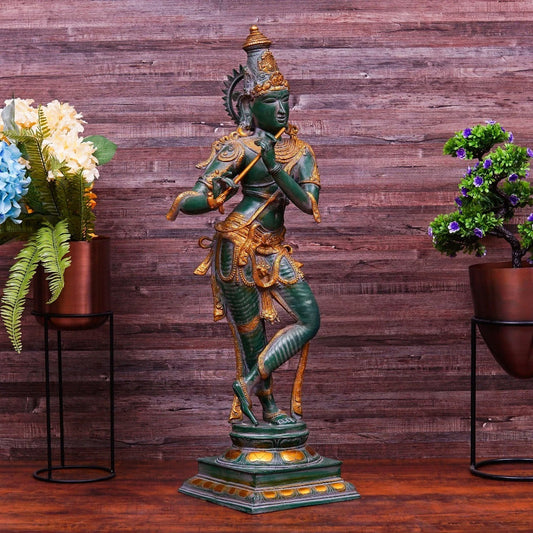 Brass Standing Krishna Playing Flute Weight 21 Kg And Height 34 Inch