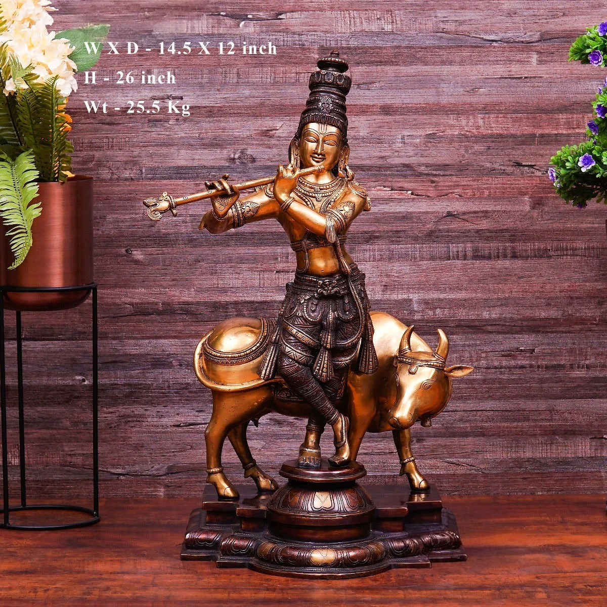 Brass Cow & Krishna Playing Flute Weight 26 Kg And Height 26 Inch