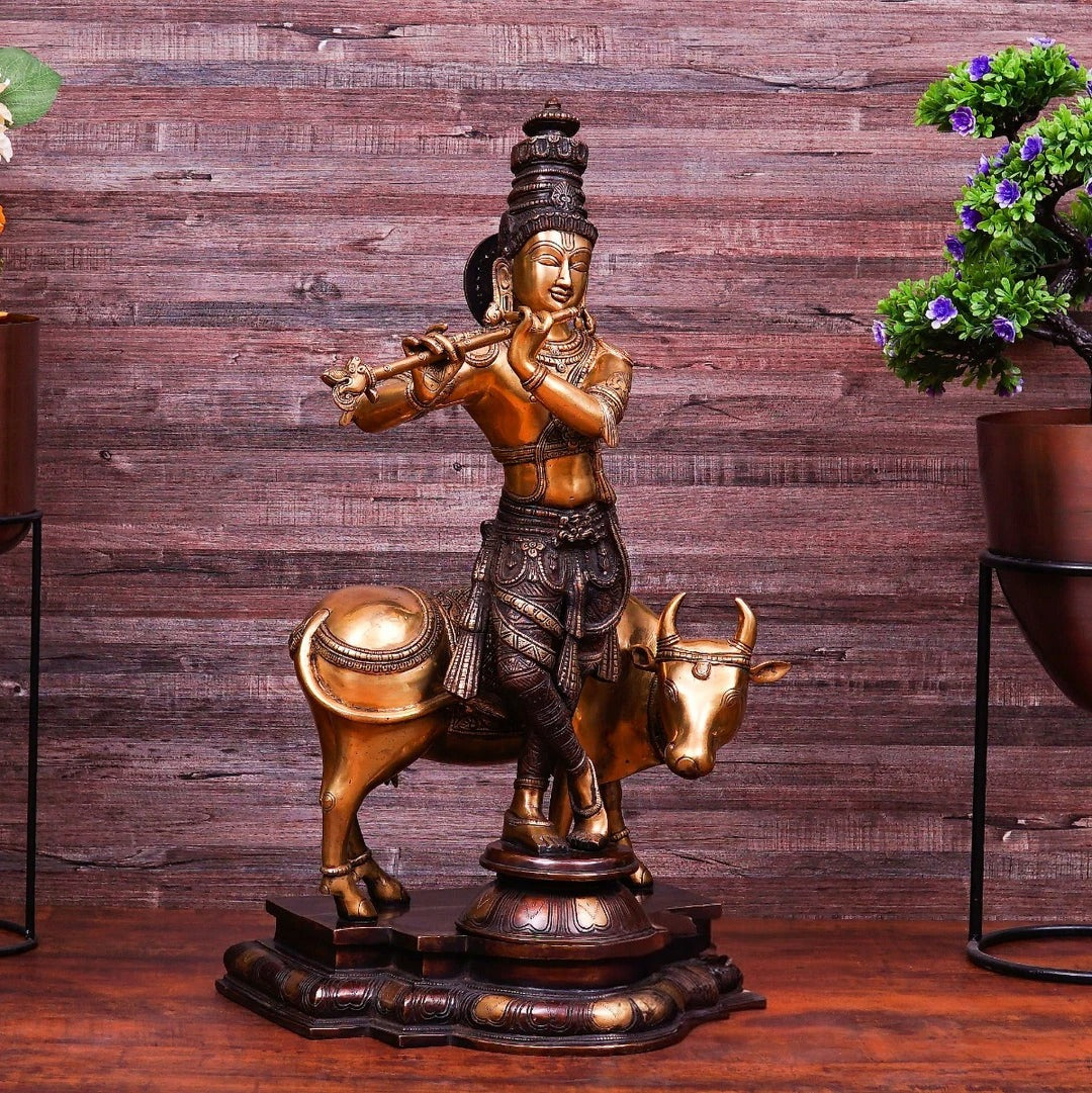Brass Cow & Krishna Playing Flute Weight 26 Kg And Height 26 Inch