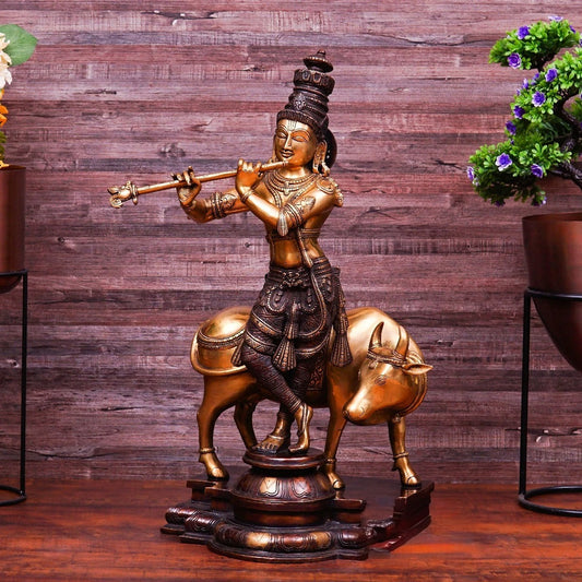 Brass Cow & Krishna Playing Flute Weight 26 Kg And Height 26 Inch