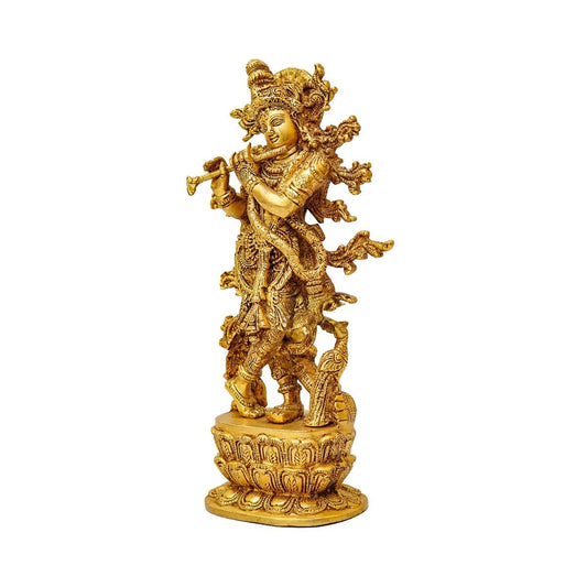 Brassaura® Lord Krishna Playing Flute Idol with Antique Finish | Pure Superfine Brass Handcrafted Murti | Brass Statue for Home Temple, Pooja Room, Spiritual Décor & Luxury Gifting | Height 12 Inches | Weight 3.4 Kg