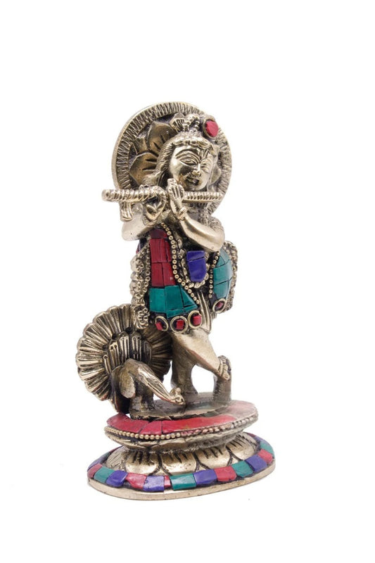 Brass Gem Stone Work Krishna Weight 0.9 Kg And Height 6 Inch
