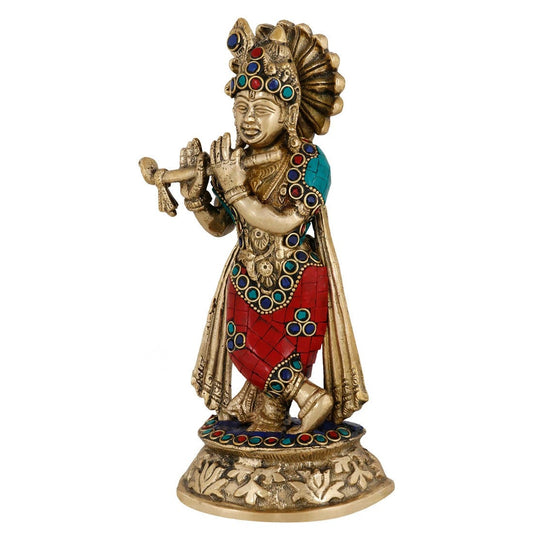 Brass Gem Stone Work Krishna Weight 1.2 Kg And Height 8 Inch