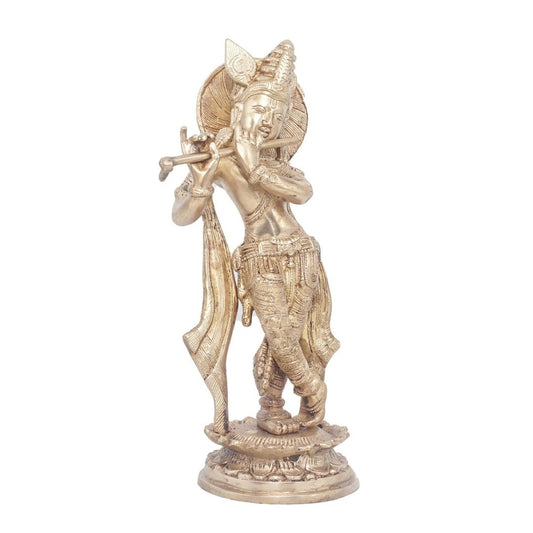 Brassaura® Lord Krishna Playing Flute Idol | Pure Superfine Brass Handcrafted Murti | Brass Statue for Home Temple, Pooja Room, Spiritual Décor & Luxury Gifting | Height 11 Inches | Weight 2.5 Kg