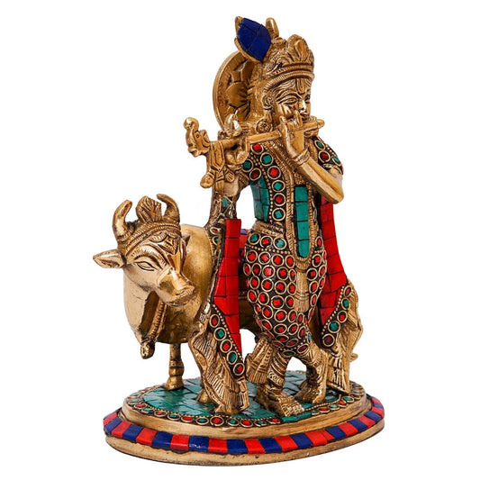 Brass Gem Stone Work Cow & Krishna Weight 3 Kg And Height 8 Inch