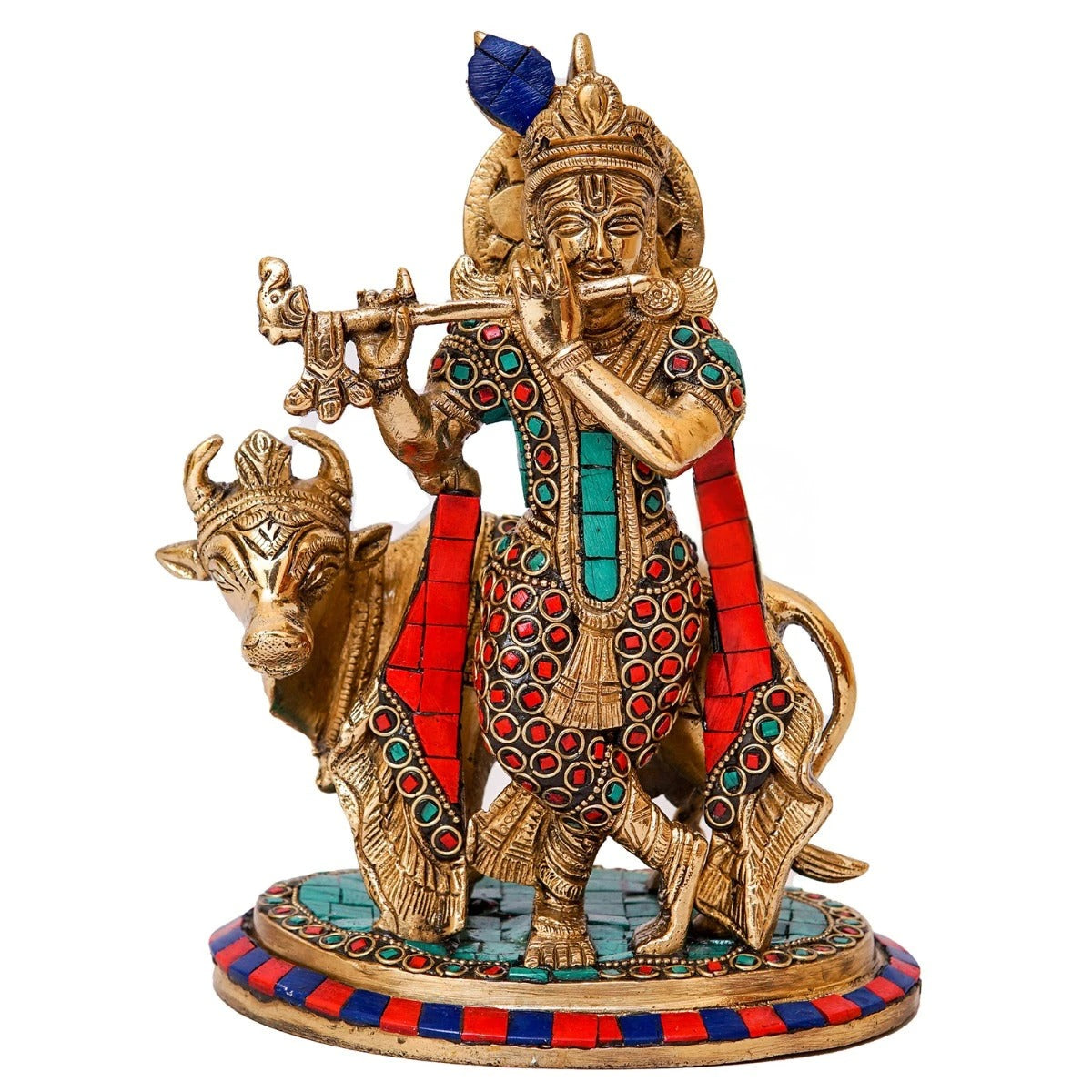 Brass Gem Stone Work Cow & Krishna Weight 3 Kg And Height 8 Inch