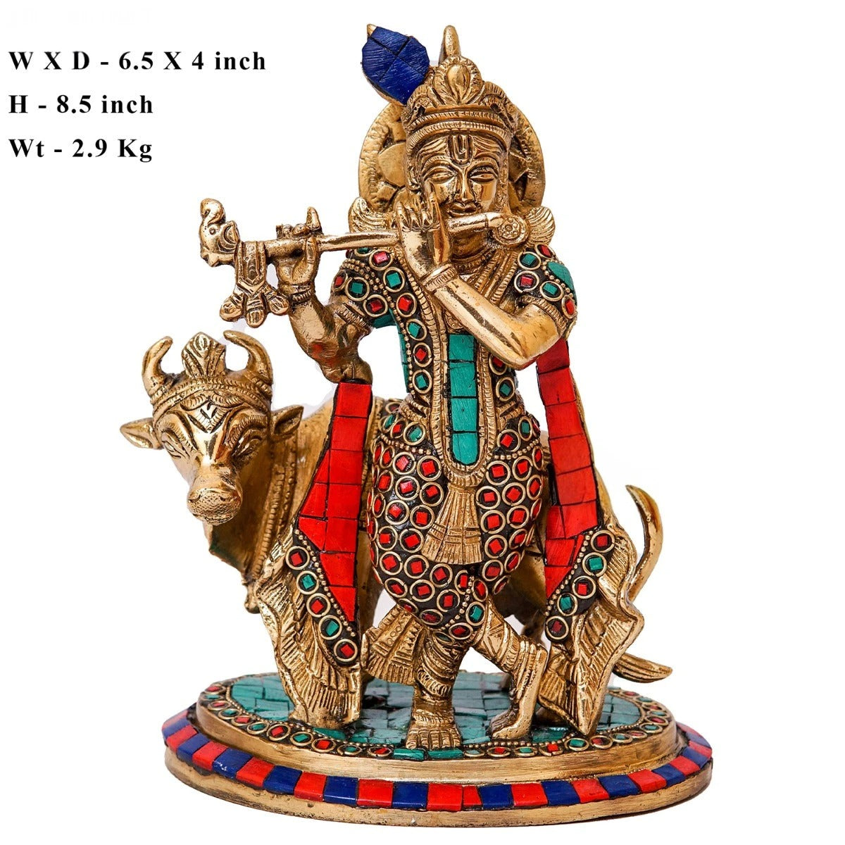 Brass Gem Stone Work Cow & Krishna Weight 3 Kg And Height 8 Inch
