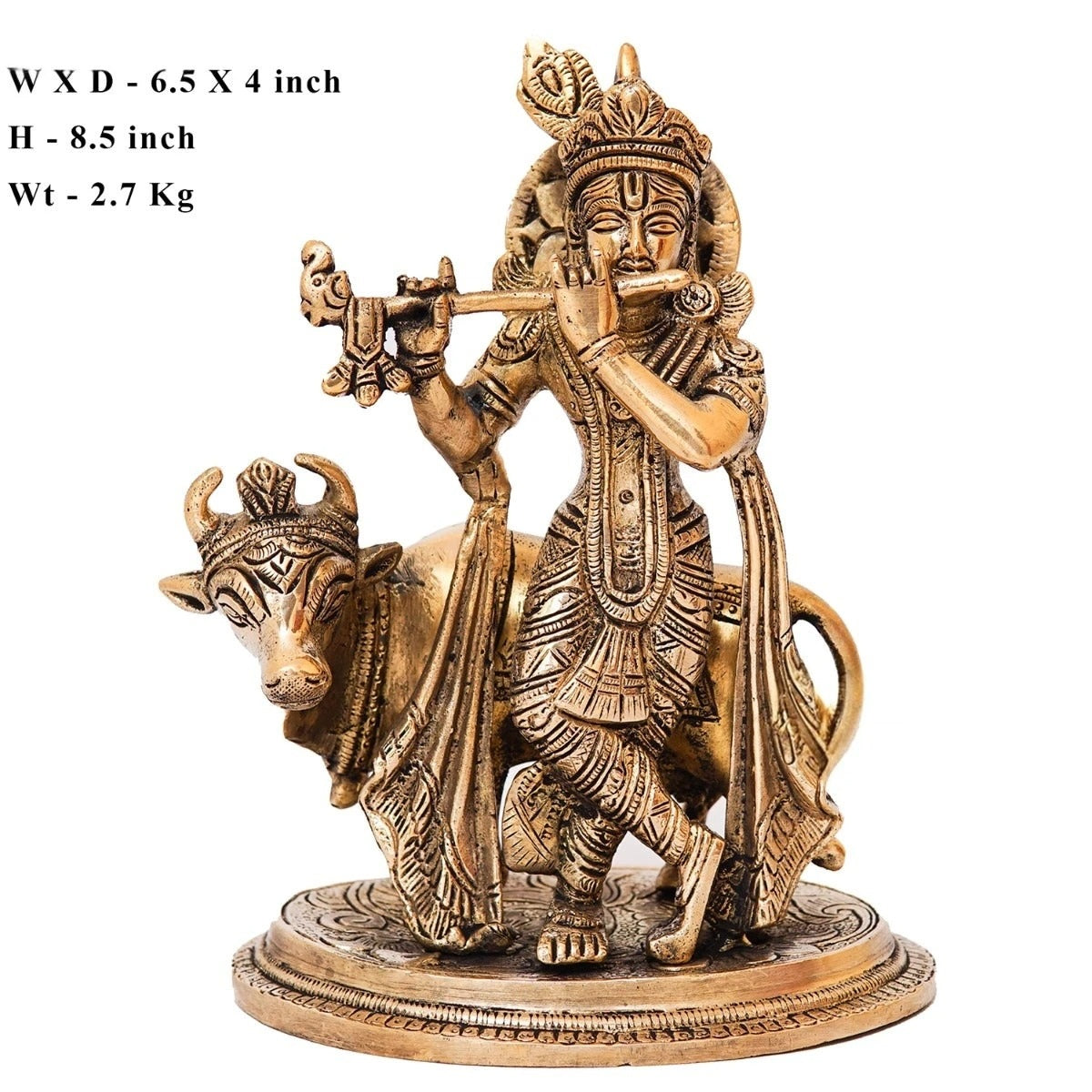 Brass Cow & Krishna Playing Flute Weight 3 Kg And Height 8 Inch