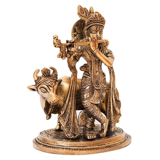 Brassaura® Lord Krishna Playing Flute with Cow Idol | Pure Brass Antique Finish Handcrafted Murti | Brass Statue for Home Temple, Pooja Room, Spiritual Décor & Luxury Gifting | Height 8 Inches | Weight 3 Kg