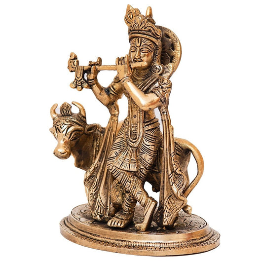 Brass Cow & Krishna Playing Flute Weight 3 Kg And Height 8 Inch