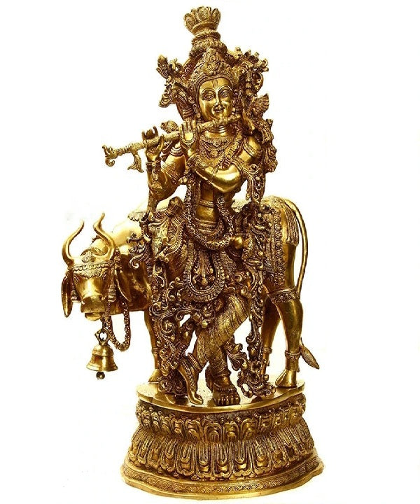 Brass Cow & Krishna Weight 32 Kg And Height 29 Inch