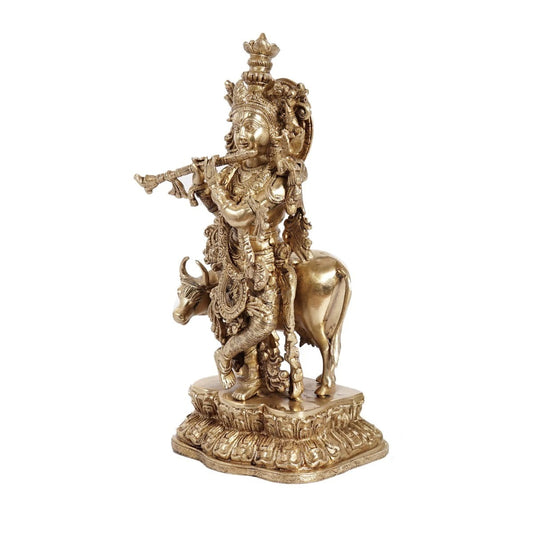 Brassaura® Lord Krishna Playing Flute with Cow Idol with Polished Finish | Pure Superfine Brass Handcrafted Murti | Brass Statue for Home Temple, Pooja Room, Spiritual Décor & Luxury Gifting | Height 17 Inches | Weight 9 Kg