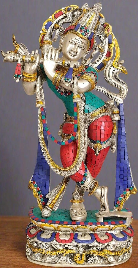 Brassaura® Lord Krishna Playing Flute Idol with Multi-Color Finish | Pure Superfine Brass Handcrafted Murti | Brass Statue for Home Temple, Pooja Room, Spiritual Décor & Luxury Gifting | Height 22.5 Inches | Weight 12 Kg