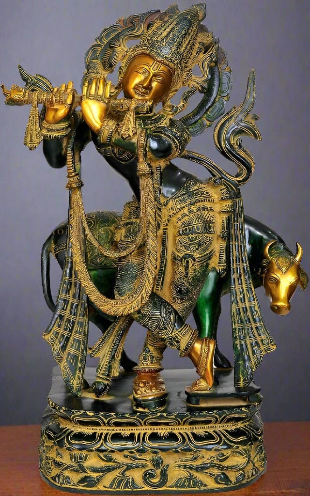 Brass Cow & Krishna Playing Flute Weight 18 Kg And Height 22 Inch
