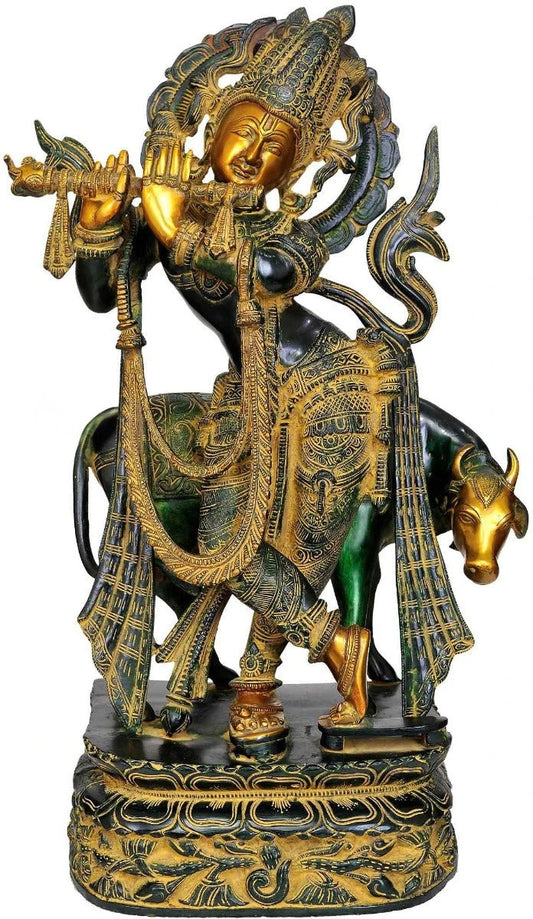 Brass Cow & Krishna Playing Flute Weight 18 Kg And Height 22 Inch