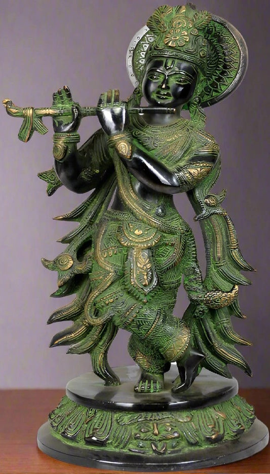 Brassaura® Lord Krishna Playing Flute Idol with Green Algae Finish | Pure Superfine Brass Handcrafted Murti | Brass Statue for Home Temple, Pooja Room, Spiritual Décor & Luxury Gifting | Height 13 Inches | Weight 4 Kg