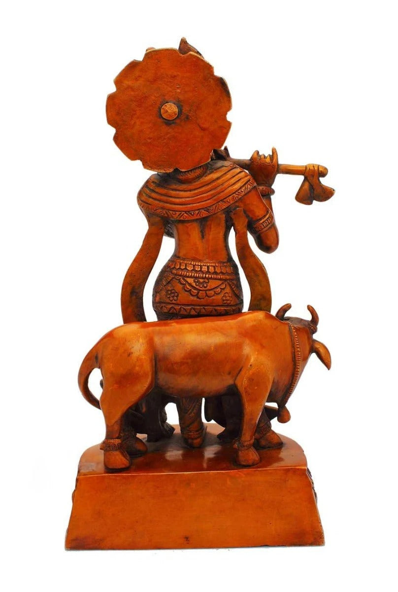 Brass Cow & Krishna Playing Flute Weight 4.3 Kg And Height 13 Inch