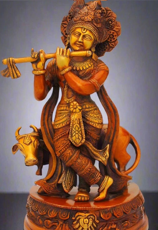Brass Cow & Krishna Playing Flute Weight 4.3 Kg And Height 13 Inch