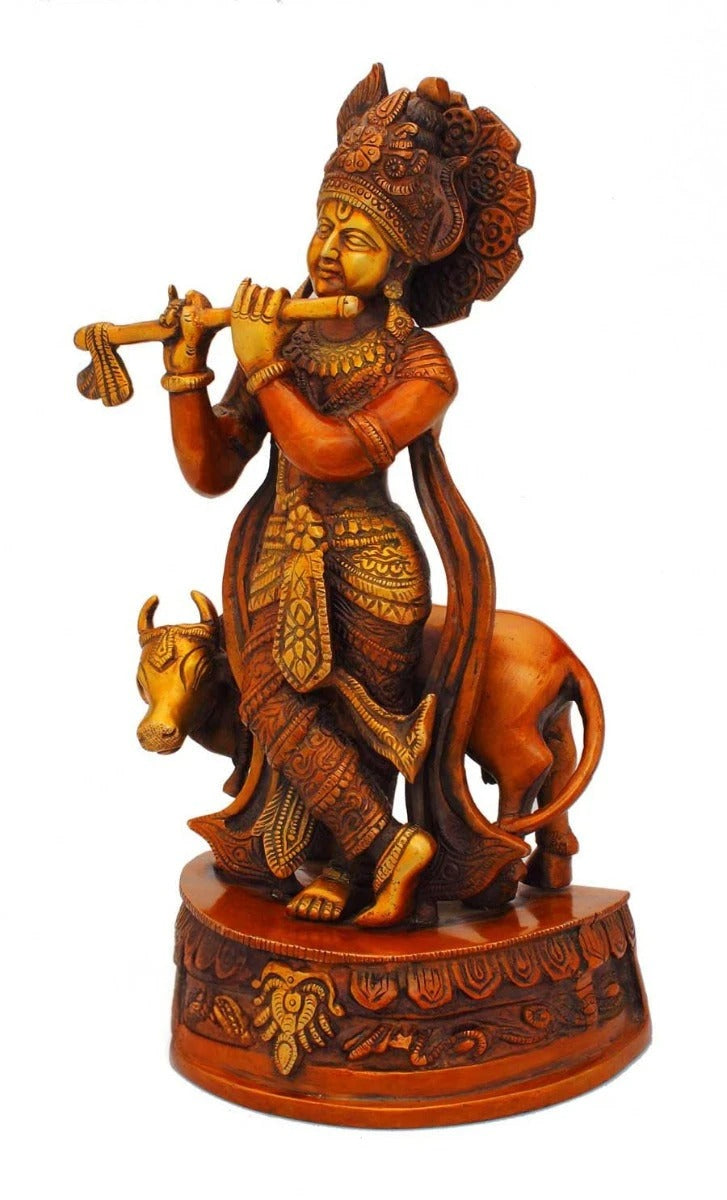 Brass Cow & Krishna Playing Flute Weight 4.3 Kg And Height 13 Inch