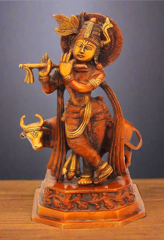 Brassaura® Lord Krishna Playing Flute with Cow Idol | Pure Brass Antique Copper Finish Handcrafted Murti | Brass Statue for Home Temple, Pooja Room, Spiritual Décor & Luxury Gifting | Height 10 Inches | Weight 2.7 Kg