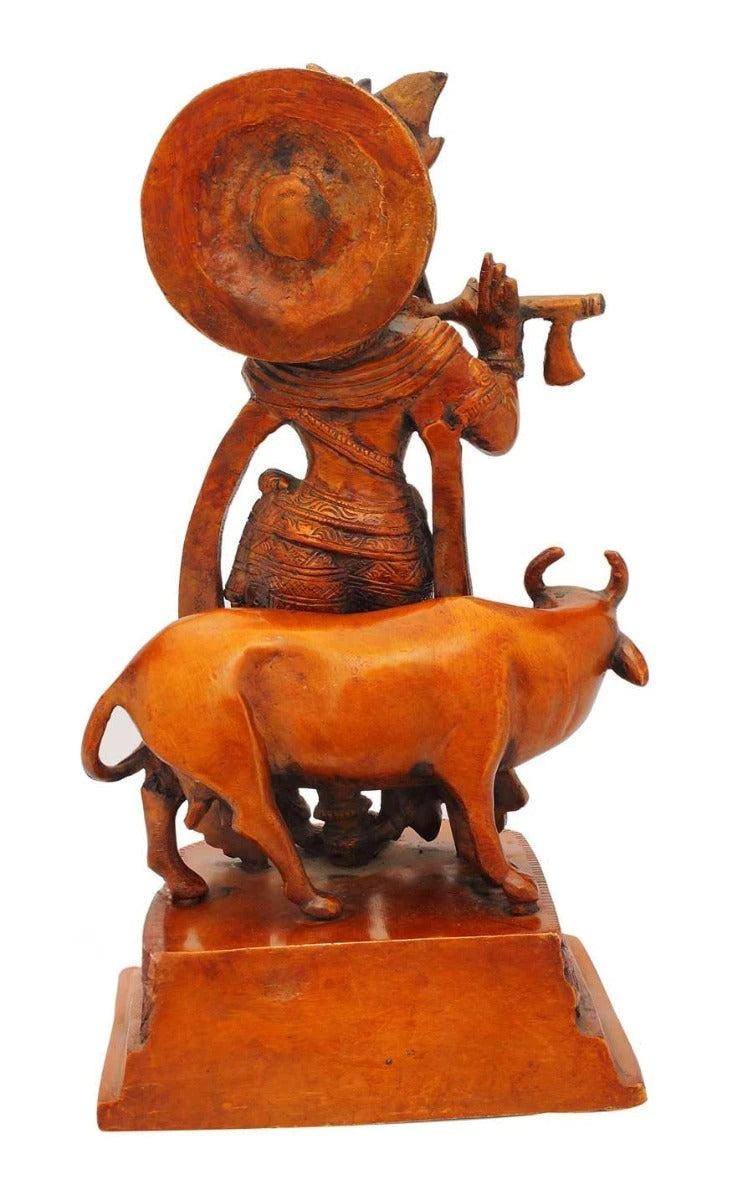 Brass Cow & Krishna Playing Flute Weight 2.7 Kg And Height 10 Inch