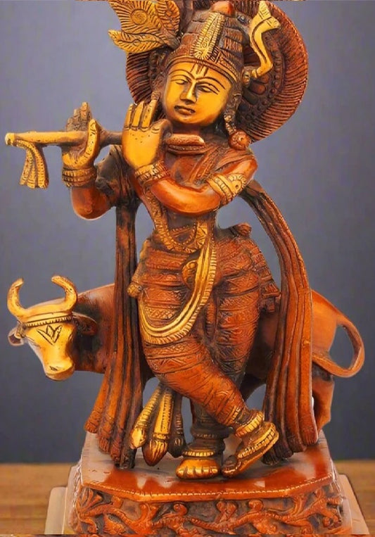 Brass Cow & Krishna Playing Flute Weight 2.7 Kg And Height 10 Inch