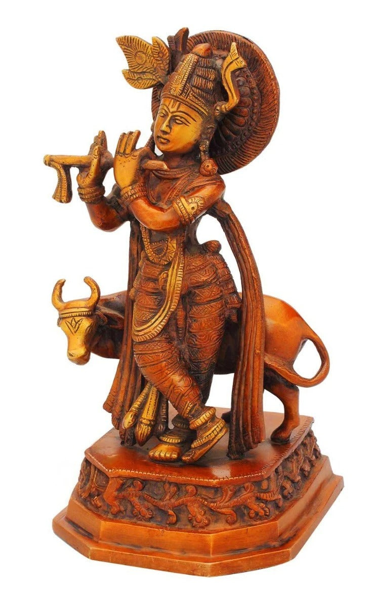 Brass Cow & Krishna Playing Flute Weight 2.7 Kg And Height 10 Inch