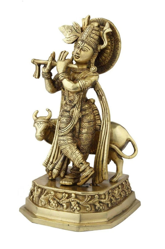 Brassaura® Lord Krishna Playing Flute with Cow Idol | Pure Brass Antique Silver Finish Handcrafted Murti | Brass Statue for Home Temple, Pooja Room, Spiritual Décor & Luxury Gifting | Height 10 Inches | Weight 2.7 Kg