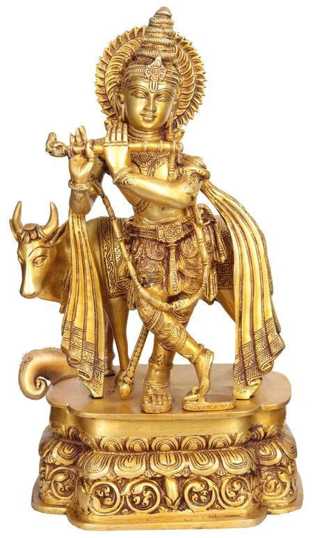 Brass Cow & Krishna Weight 16 Kg And Height 20 Inch