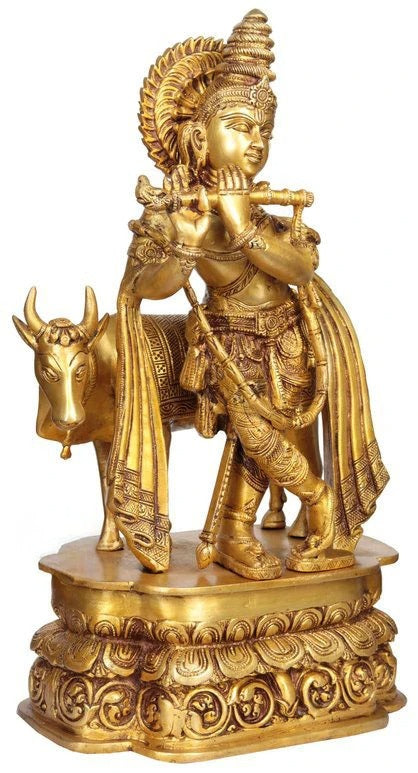 Brassaura® Lord Krishna Playing Flute with Cow Idol | Pure Brass Golden Finish Handcrafted Murti | Brass Statue for Home Temple, Pooja Room, Spiritual Décor & Luxury Gifting | Height 20 Inches | Weight 16 Kg
