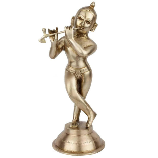 Brassaura® Lord Krishna Playing Flute Idol with Antique Finish | Pure Superfine Brass Handcrafted Murti | Brass Statue for Home Temple, Pooja Room, Spiritual Décor & Luxury Gifting | Height 12.5 Inches | Weight 2.8 Kg