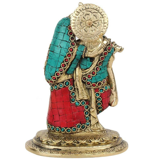 Brass Gem Stone Work Radha Krishna Murti Weight 1.8 Kg And Height 7.5 Inch
