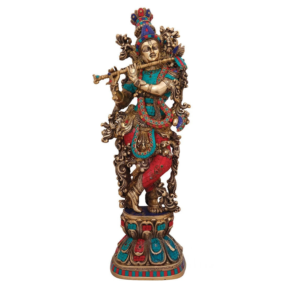 Brass Gem Stone Work Krishna Playing Flute Weight 25 Kg And Height 46 Inch