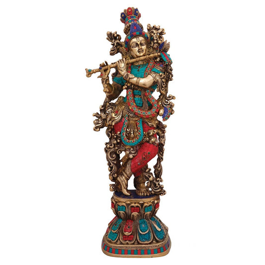 Brassaura® Lord Krishna Playing Flute Idol with Gem Stone Work Finish | Pure Superfine Brass Handcrafted Murti | Brass Statue for Home Temple, Pooja Room, Spiritual Décor & Luxury Gifting | Height 46 Inches | Weight 52 Kg