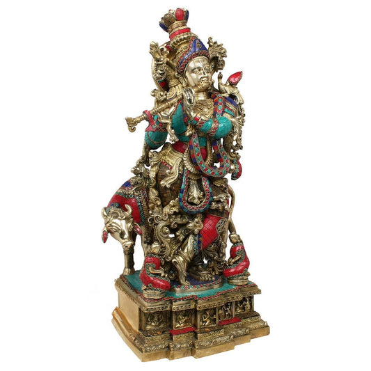 Brass Gem Stone Work Cow & Krishna Weight 36.5 Kg And Height 28 Inch