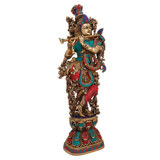 Brassaura® Lord Krishna Playing Flute Idol with Gem Stone Work Finish | Pure Superfine Brass Handcrafted Murti | Brass Statue for Home Temple, Pooja Room, Living Room, Spiritual Décor & Luxury Gifting | Height 29 Inches | Weight 16 Kg