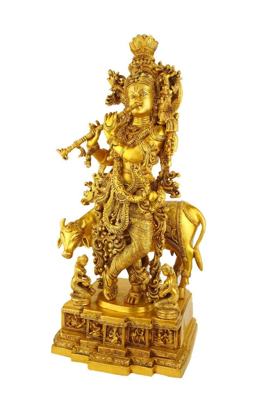 Brass Royal Golden Cow & Krishna Playing Flute Weight 36.5 Kg And Height 28 Inch