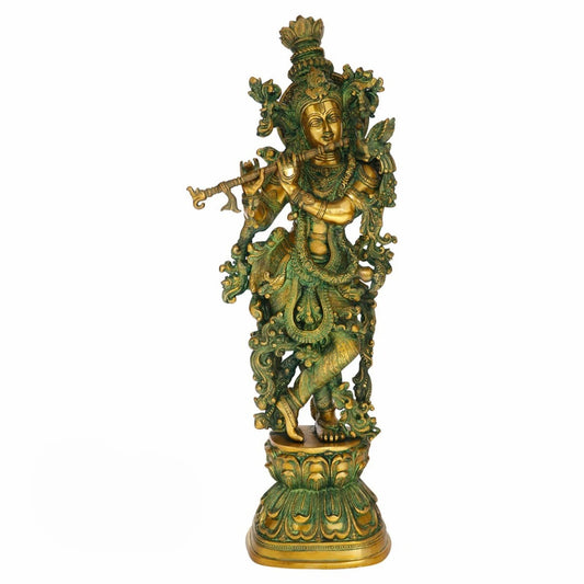 Brassaura® Lord Krishna Playing Flute Idol with Green Algae Finish | Pure Superfine Brass Handcrafted Murti | Brass Statue for Home Temple, Pooja Room, Spiritual Décor & Luxury Gifting | Height 29 Inches | Weight 16 Kg