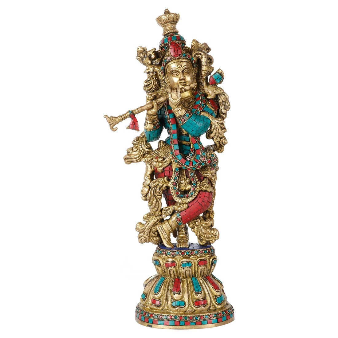 Brass Gem Stone Work Krishna Playing Flute Weight 9 Kg And Height 20 Inch