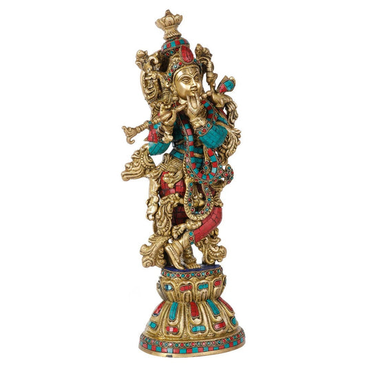 Brass Gem Stone Work Krishna Playing Flute Weight 9 Kg And Height 20 Inch