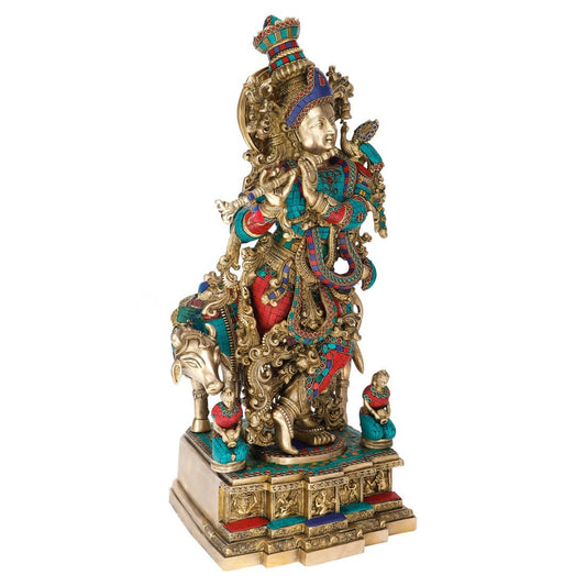 Brass Gem Stone Work Cow & Krishna Playing Flute Weight 36 Kg And Height 28 Inch